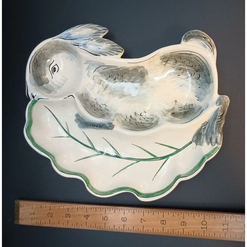 Vintage Bunny And Cabbage Leaf Divided Dish Relish Rabbit Hand Painted Italy